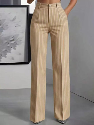 High-Waisted Striped Wide-Leg Pants Khaki Color