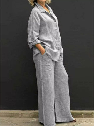 Full Size Long Sleeve Shirt and Pants Set Plus Size Light Gray