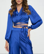 Sierra Satin Wrap Top Royal Blue