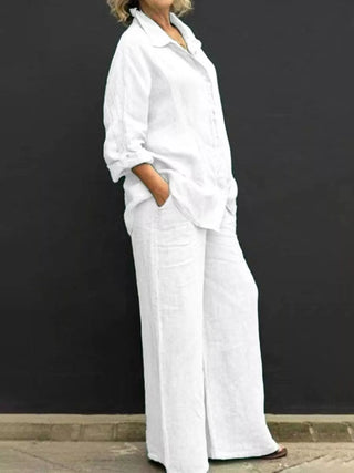 Full Size Long Sleeve Shirt and Pants Set Plus Size White