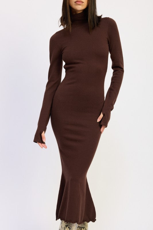 Brown fitted dress with long sleeves on a white background