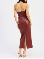 Red strapless dress with a high slit on a white background