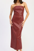 Red strapless dress on a white background