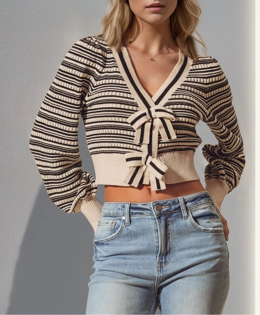 Colette Stripe Bow Accent Cardigan Black