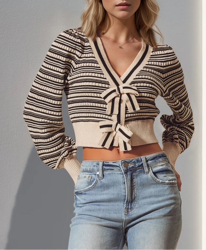 Colette Stripe Bow Accent Cardigan Black