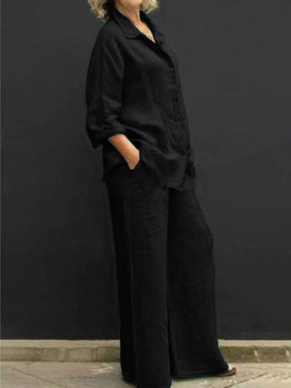 Full Size Long Sleeve Shirt and Pants Set Plus Size Black