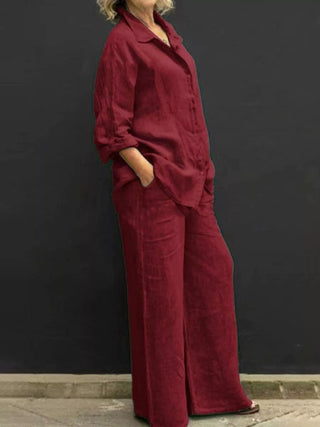 Full Size Long Sleeve Shirt and Pants Set Plus Size Wine Red