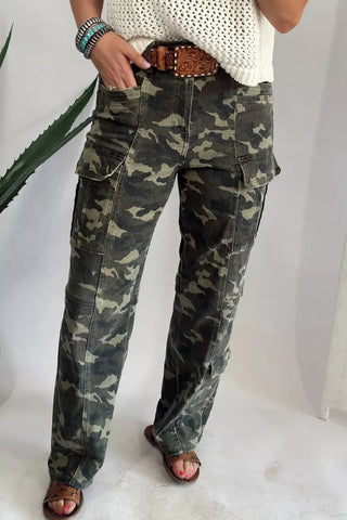 Camouflage Print Multi Pocketed Womens Denim Pants Green Camouflage