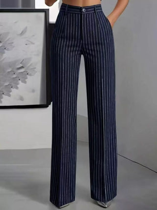 High-Waisted Striped Wide-Leg Pants Dark Blue