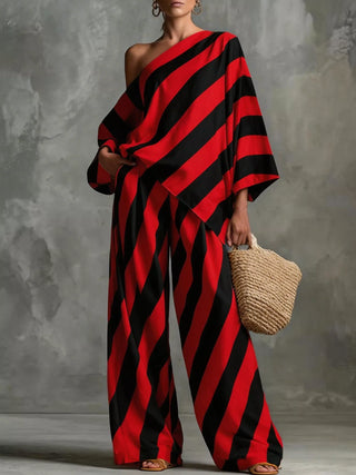 Full Size One-Shoulder Striped Top and Wide-Leg Pants Set Plus Size Red