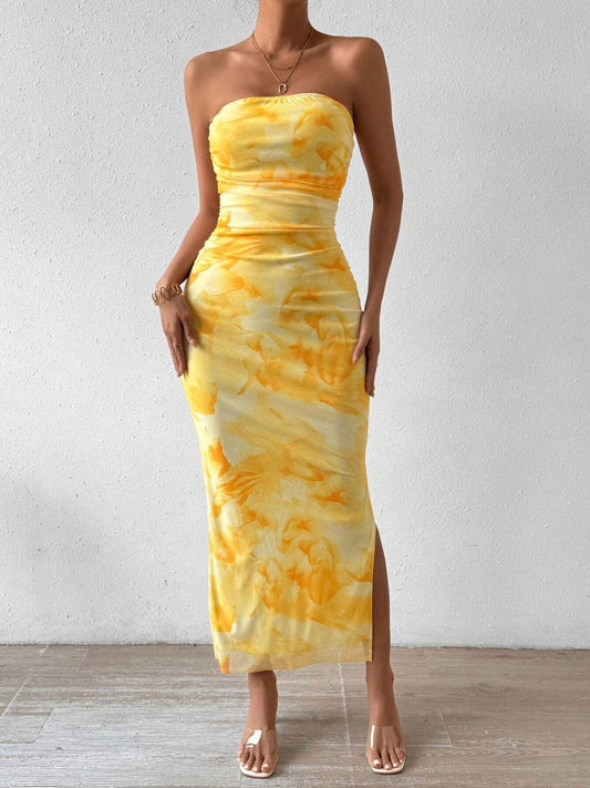 Cressida Ruched Strapless Midi Yellow
