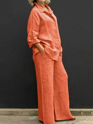 Full Size Long Sleeve Shirt and Pants Set Plus Size Orange