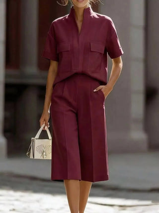Full Size Short Sleeve Top and Wide Leg Pants Set Plus Size Burgundy