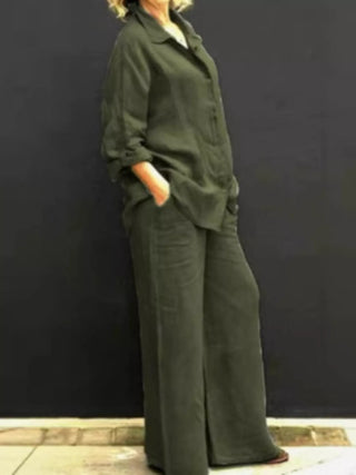 Full Size Long Sleeve Shirt and Pants Set Plus Size Army Green