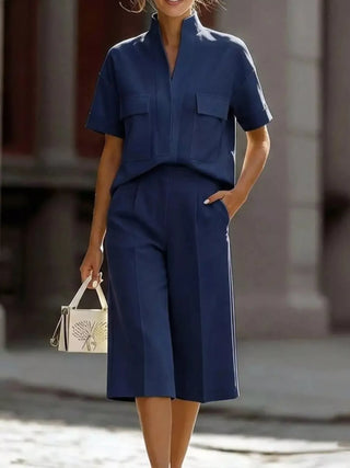 Full Size Short Sleeve Top and Wide Leg Pants Set Plus Size Dark Blue
