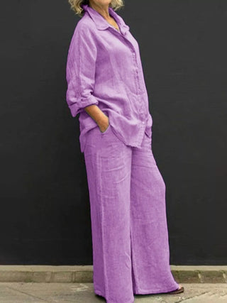 Full Size Long Sleeve Shirt and Pants Set Plus Size Purple