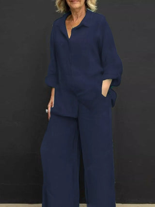 Full Size Long Sleeve Shirt and Pants Set Plus Size Navy Blue