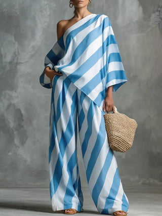 Full Size One-Shoulder Striped Top and Wide-Leg Pants Set Plus Size Light Blue
