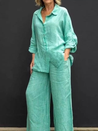 Full Size Long Sleeve Shirt and Pants Set Plus Size Green