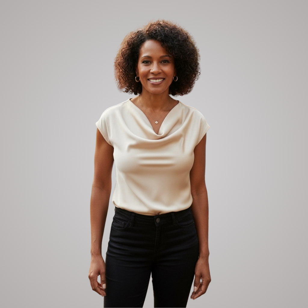 Margaux Cowl Neck Satin Top Tan