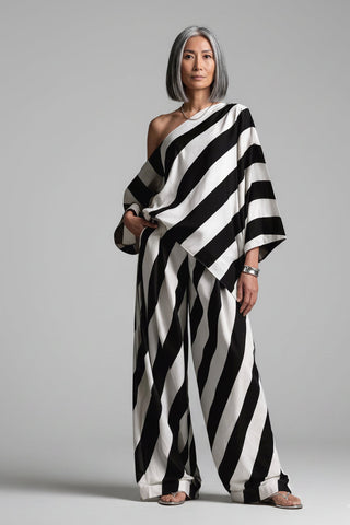 Full Size One-Shoulder Striped Top and Wide-Leg Pants Set Plus Size