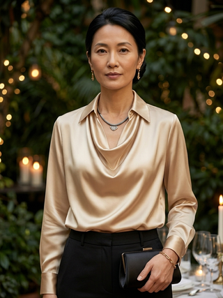 Elianne Drape-Collar Blouse Khaki
