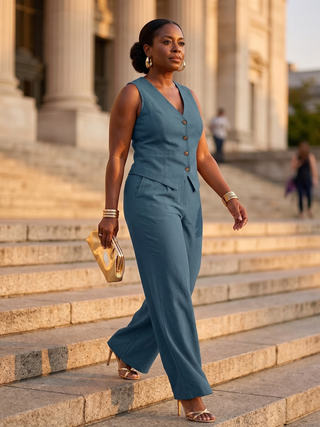 Camille Buttoned Vest Set Peacock Blue