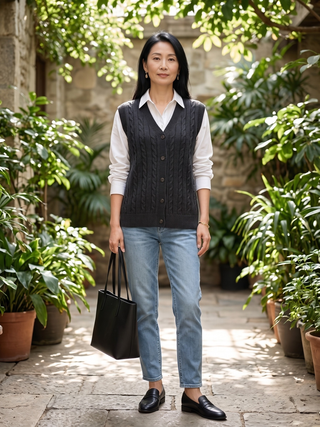 Joni Cable Button Sweater Vest Black One Size