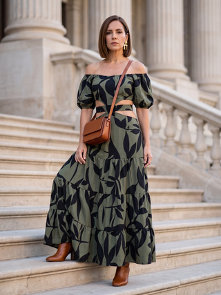 Valira Leaf Print Cutout Maxi Army Green