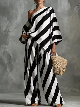 Full Size One-Shoulder Striped Top and Wide-Leg Pants Set Plus Size Black