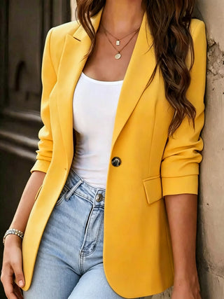 Full Size Single-Breasted Lapel Collar Blazer Plus Size Yellow