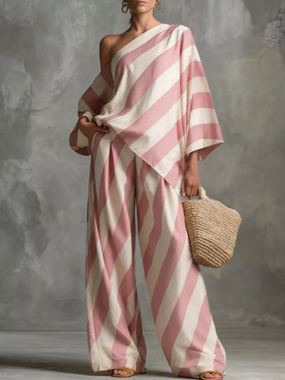 Full Size One-Shoulder Striped Top and Wide-Leg Pants Set Plus Size Pink