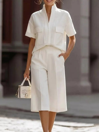Full Size Short Sleeve Top and Wide Leg Pants Set Plus Size White