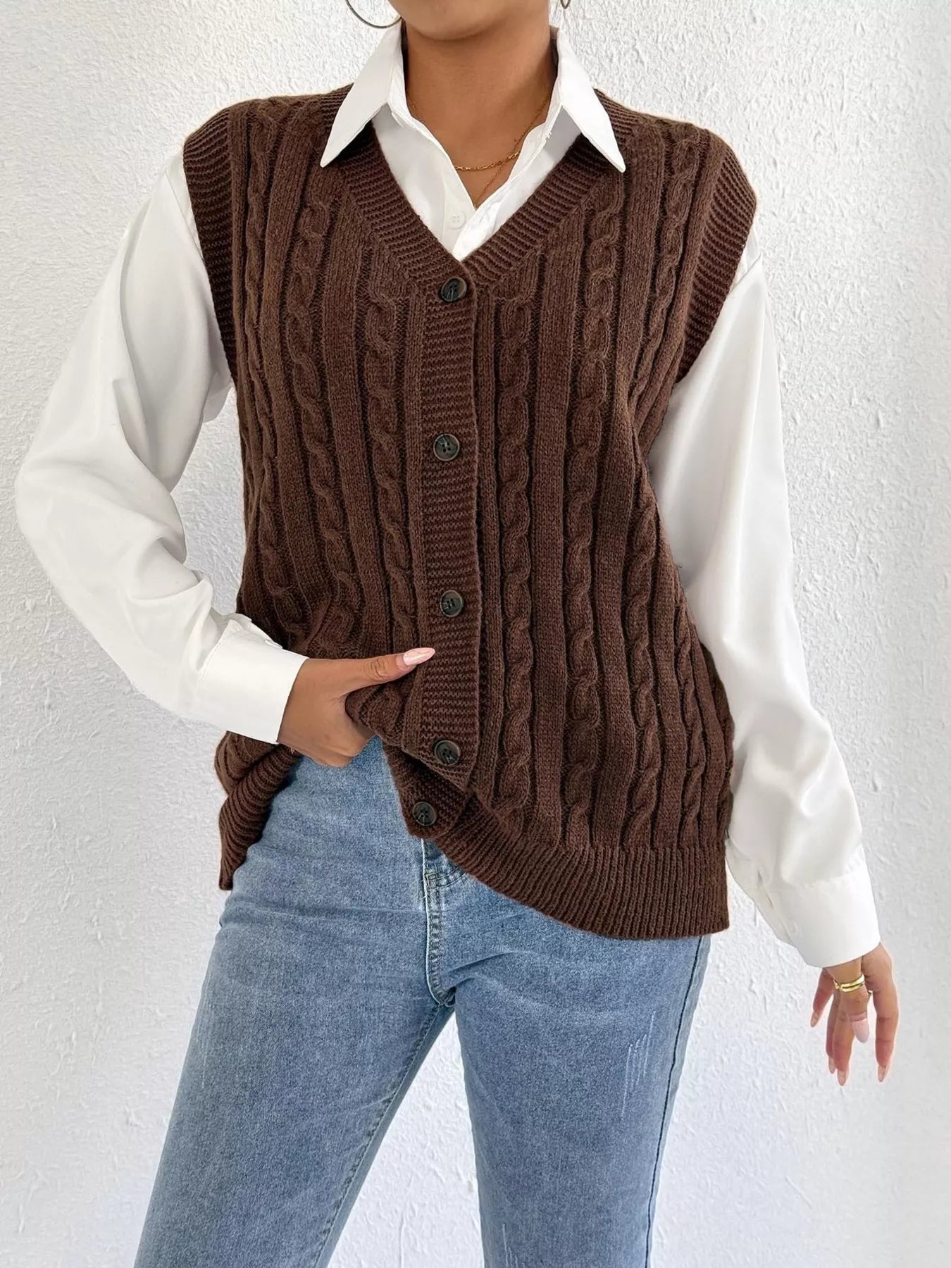 Joni Cable Button Sweater Vest Brown One Size