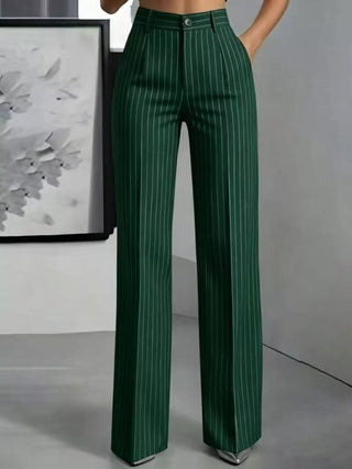 High-Waisted Striped Wide-Leg Pants Dark Green