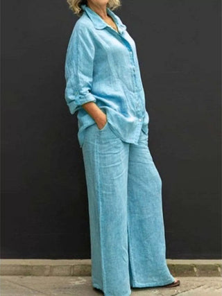 Full Size Long Sleeve Shirt and Pants Set Plus Size Sky Blue