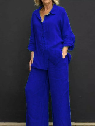 Full Size Long Sleeve Shirt and Pants Set Plus Size Royal Blue