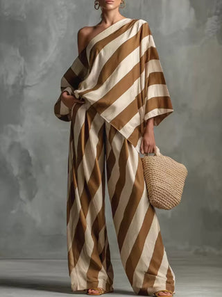 Full Size One-Shoulder Striped Top and Wide-Leg Pants Set Plus Size Camel